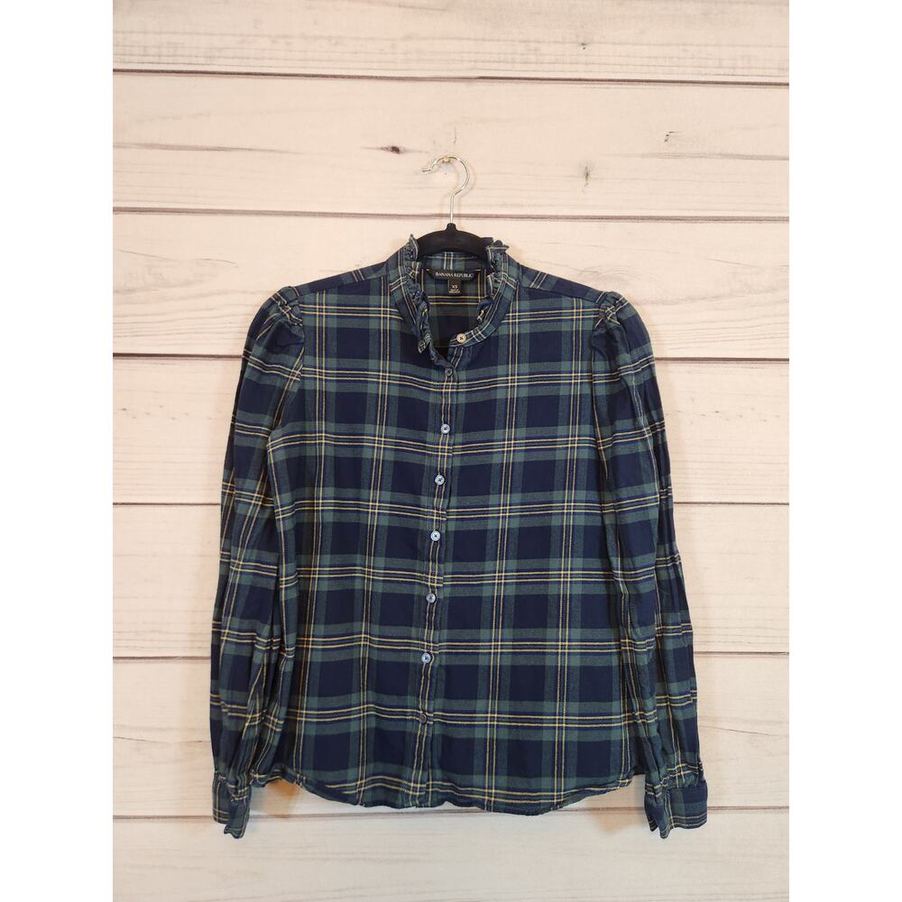 Banana Republic Womens Blue Green Plaid Flannel Ruffle Button Down Shirt Size XS